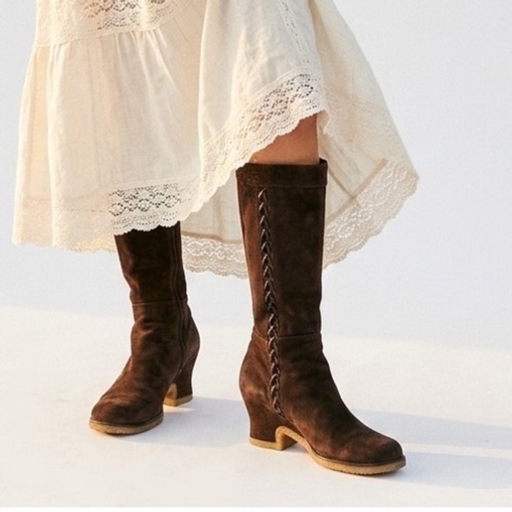 Audley London Brown Suede Braided Victorian Mid Calf Boots Spain Size 38